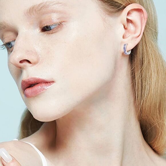 14K White Gold with Purple Amethyst Cubic Zirconia Princess Cut Huggie Earrings - Picture 5 of 5